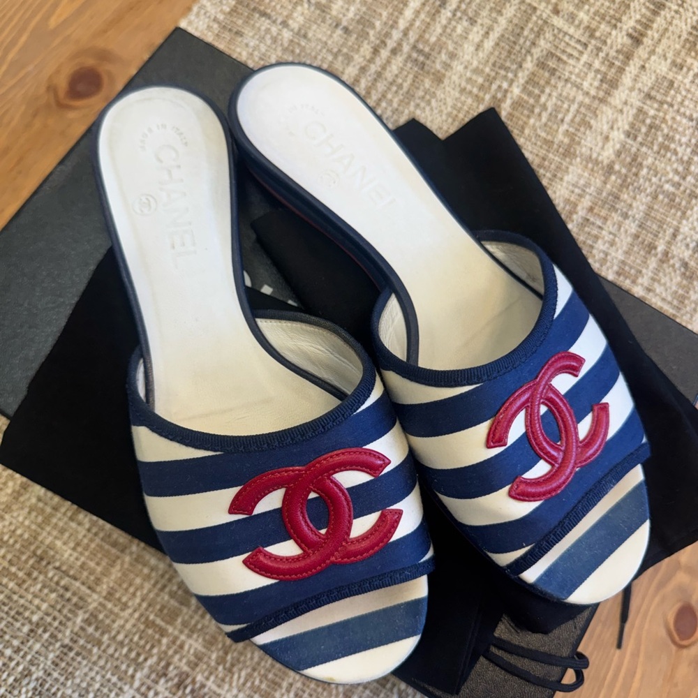 CHANEL Blue and White Striped Mules with Red Logo
